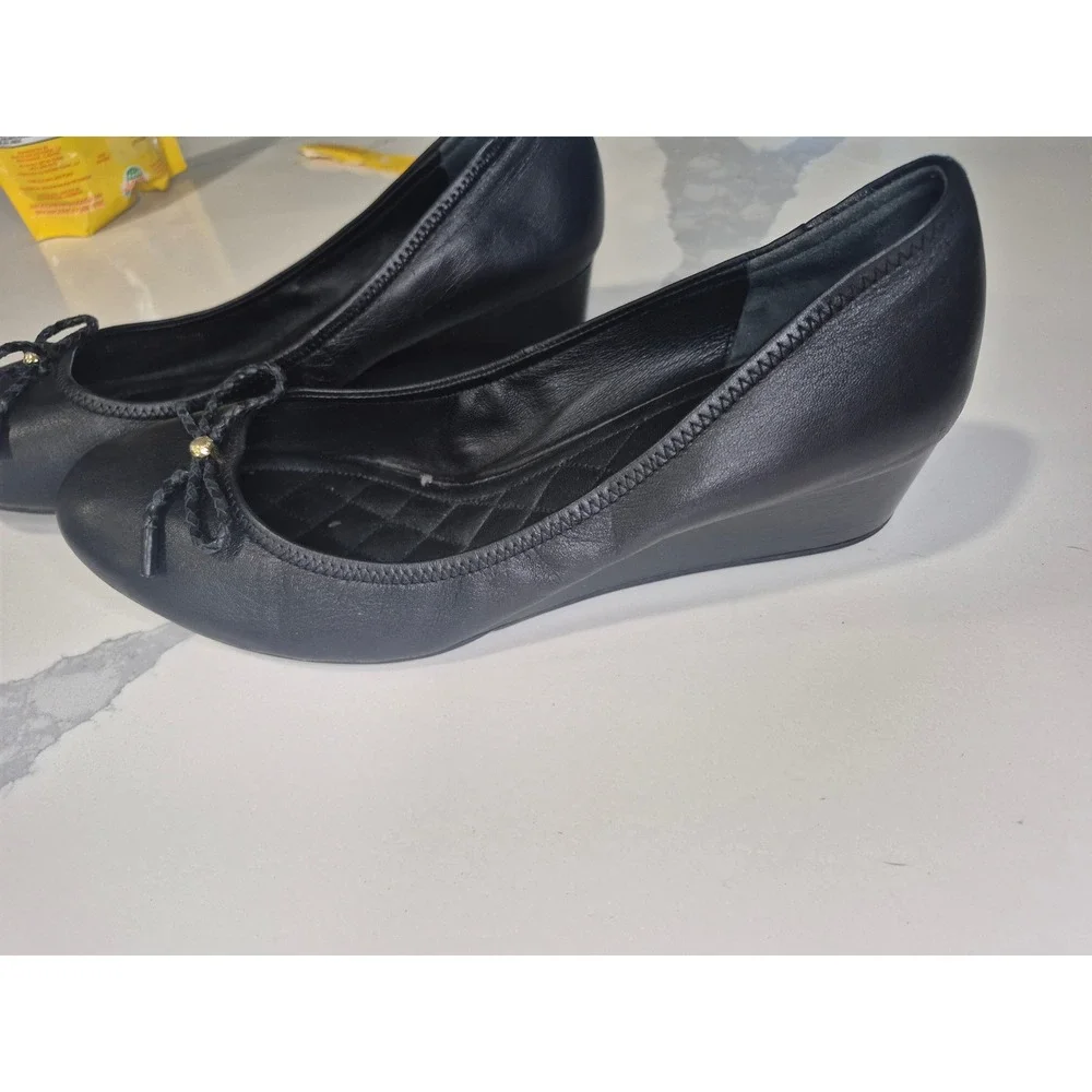 Cole Haan Grand.OS Women Black Leather Quilted Wedge Pumps Bow Detail Round Toe